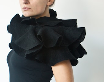 Black ruffle shawl, Elegant nuno felted statement scarf, Eco fashion for stylish gothic weddings, Woman woolen wrap for Halloween costume