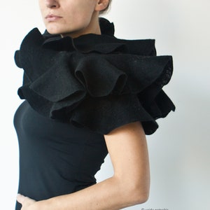 Black ruffle shawl, Elegant nuno felted statement scarf, Eco fashion for stylish gothic weddings, Woman woolen wrap for Halloween costume image 1