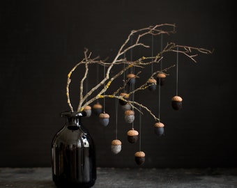 Neutral color fall decor - Dark Gothic Christmas ornaments - Custom set felted acorns for magic forest party favors - Halloween decorations