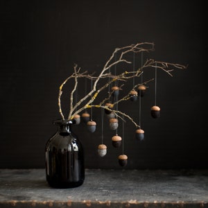Puede incluir: Un jarrón de cristal negro contiene ramas adornadas con adornos colgantes de bellotas. Las bellotas tienen tapas marrones y cuerpos grises o marrón oscuro. El arreglo está sobre una superficie oscura y texturizada contra un fondo negro.