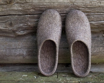 Men slippers from greyish brown organic wool with soles - Anniversary gift for him - Eco friendly rustic style felted clogs Vaida Petreikis