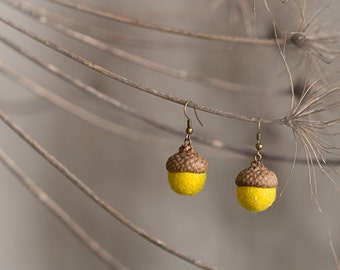 Acorn earrings with real acorn cap and felted wool beads in bright yellow color, Unusual brass jewelry, Nature lover gift idea