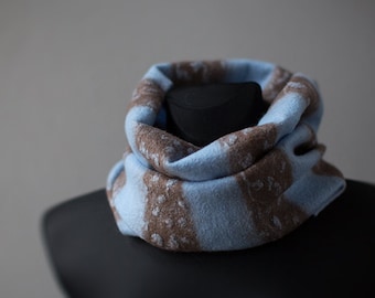 Blue scarf - Unisex felted merino wool infinity neck warmer with greyish brown stripes - Soft and warm woolen cowl for women and men