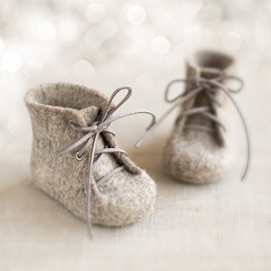 Newborn booties, Natural organic wool boots, Unisex eco friendly felted greyish brown shoes with vegan leather laces, Baby first shoes image 1