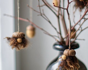 Acorn gnome ornaments, Holiday decor, Grumpy Christmas tree ornaments, Winter Fall Decoration with acorn cap tops, Housewarming gift idea