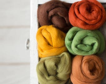 Merino wool roving set for spinning and weaving, Warm fall leaves colors combed tops, Wet felting wool assortment, Craft starter kit