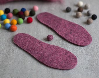 Wool felt insoles, Women's shoes inserts, Woolen boot liners, Natural footwear insulating inner soles in custom color or purple pink