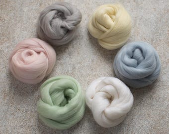 Super soft merino wool roving set, 6 pastel colors combed tops for felting, dread wool, dolls hair, 3oz spinning weaving fiber, craft gift