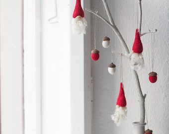 Christmas gnomes with red and white acorn ornaments, Nordic home decor idea, Swedish style tomte decorations for your Christmas tree