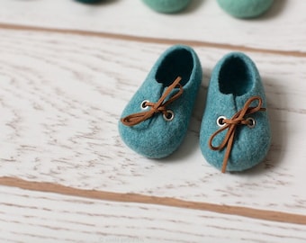 Blue wool baby crib shoes with brown laces, soft sole slippers for newborns and prewalkers, cute homemade custom color unisex baby booties