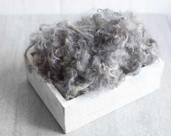 Velvety soft gray wool nest filling - dreamy newborn photography props, basket filling layering piece, woolly curls layer