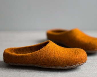 Burnt orange slippers for women, Pumpkin orange felted wool house shoes, Very comfortable barefoot home footwear with soft stitched soles