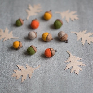 Gefilzte Wolleleichen - Danksagungsdekor - 10er Set in warmen Herbstfarben für eine rustikale Weihnachtstafel mit optionalen Namensschildern
