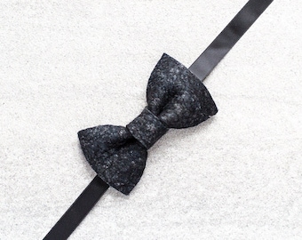 Black pre tied bow tie with dark gray texture handmade from wool silk and other fibers, Unique designer bowtie for men