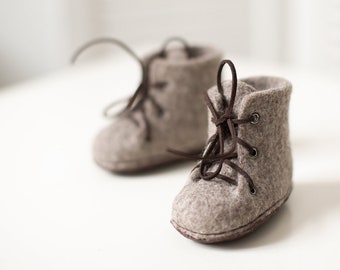 Felted Baby Shoes from Natural Organic Greyish Brown Wool with Nonslip Upcycled Leather Soles - Unisex Newborn Booties