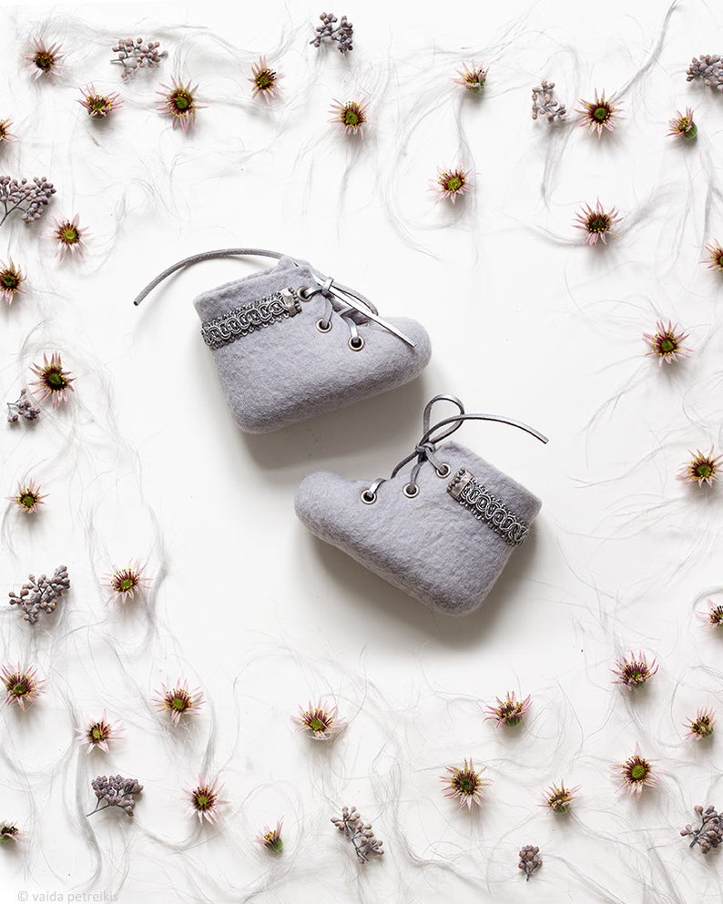 Newborn booties, Princess baby shoes, Gray felted boots, Limited edition crib shoes, New baby gift, Newborn girl coming home outfit image 1