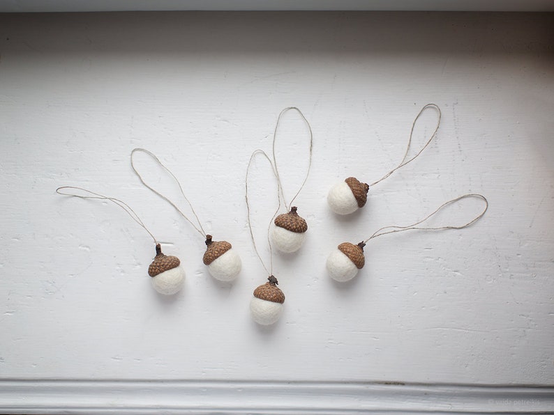 White Christmas ornaments Felted acorn decorations Set of 6 magic forest woodland party favors Coworker gift idea image 2