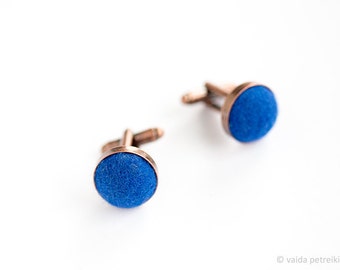 Blue copper cufflinks, 7th wedding anniversary gift for husband, Set of two handmade wool felt unusual cuff links made in Europe