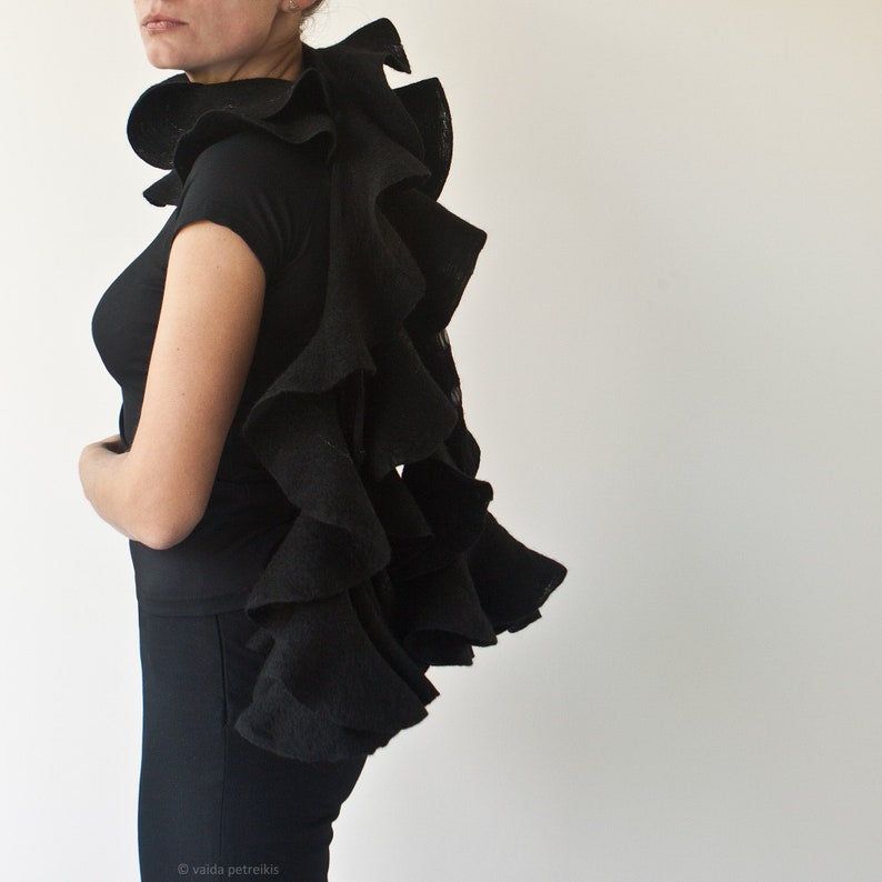 Black ruffle shawl, Elegant nuno felted statement scarf, Eco fashion for stylish gothic weddings, Woman woolen wrap for Halloween costume image 3