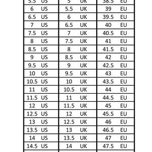 May include: A size guide chart for shoes, showing US, UK, and EU sizes. The chart lists sizes from 5 US to 16 US, with corresponding UK and EU sizes.