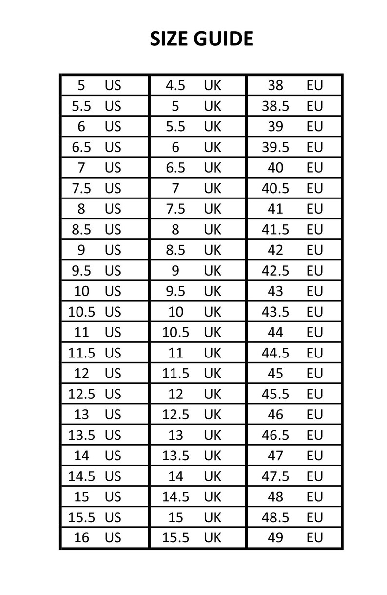 May include: A size guide chart for shoes, showing US, UK, and EU sizes. The chart lists sizes from 5 US to 16 US, with corresponding UK and EU sizes.