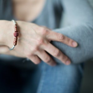 Minimalist bracelet in deep dark garnet red with a hint of gold, Felt fall winter fashion jewelry image 1