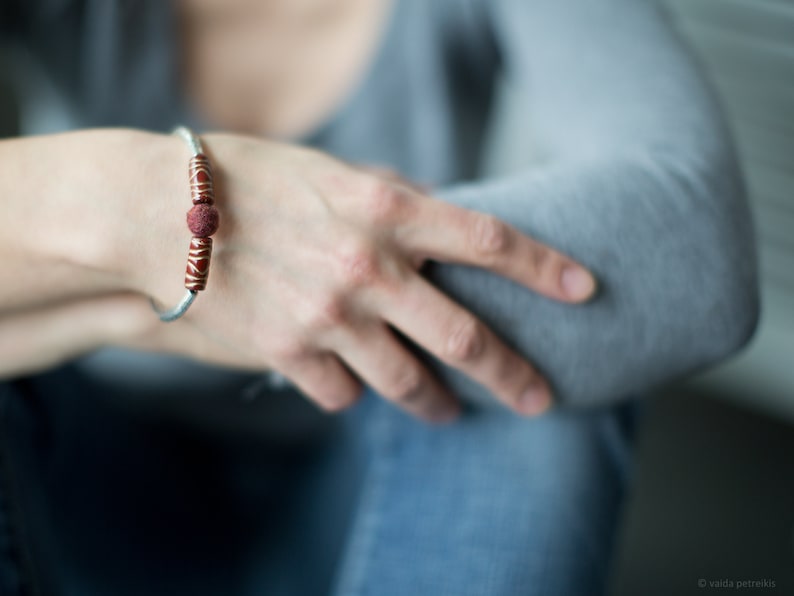 Minimalist bracelet in deep dark garnet red with a hint of gold, Felt fall winter fashion jewelry image 1