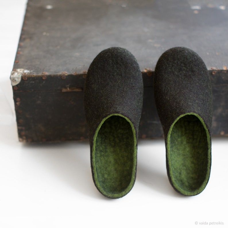 Felted men slippers, Mens house shoes, Forest green black brown natural wool clogs, Eco friendly gift for him Wool anniversary Christmas image 5