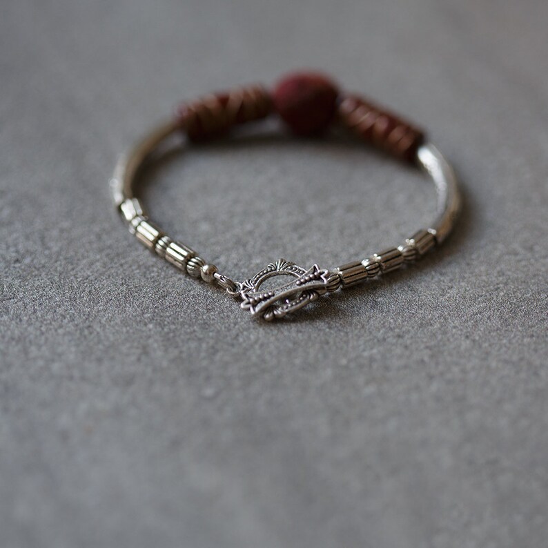 Minimalist bracelet in deep dark garnet red with a hint of gold, Felt fall winter fashion jewelry image 6