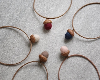 Felted acorn necklace for Waldorf dolls – real acorn cap, wool bead pendant on leatherette cord – choose your color or custom shade