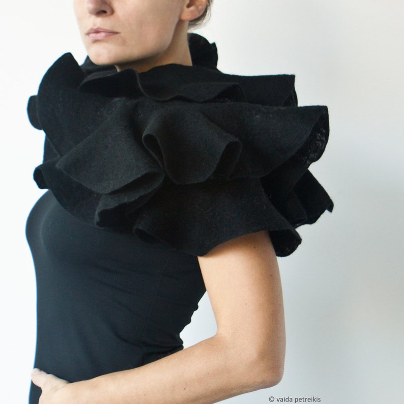 Black ruffle shawl, Elegant nuno felted statement scarf, Eco fashion for stylish gothic weddings, Woman woolen wrap for Halloween costume image 1