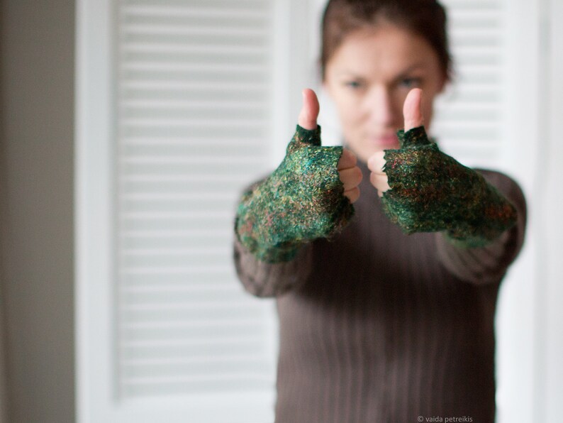 Felted fingerless gloves, Wool fingerless mittens, Felt arm warmers in dark emerald green with shiny multicolor rainbow surface image 3