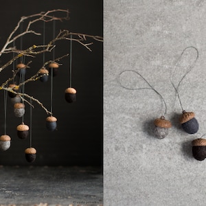 Neutral color fall decor Dark Gothic Christmas ornaments Set of 3 felted acorns for magic forest party favors Halloween decorations image 3