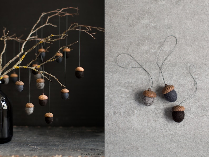 Neutral color fall decor Dark Gothic Christmas ornaments Set of 3 felted acorns for magic forest party favors Halloween decorations image 3