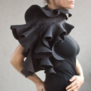 Elegant statement ruffle scarf Sculptural charcoal grey nuno felted ruffled shawl Wearable wool silk fiber art Eco fashion image 2