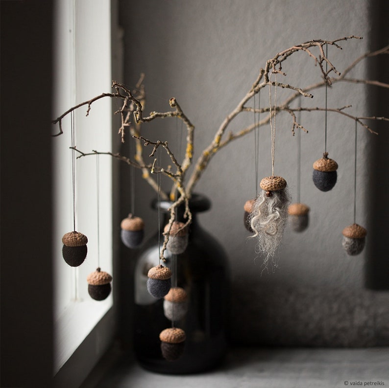 Neutral color fall decor Dark Gothic Christmas ornaments Set of 3 felted acorns for magic forest party favors Halloween decorations image 4