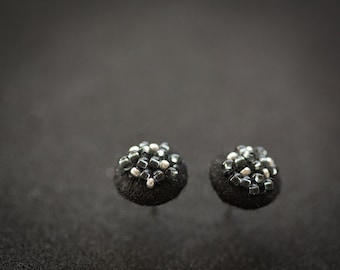 Mini black earrings, Small round modern studs from felt with metallic glass beads, Shiny unique embroidered post earrings for prom party