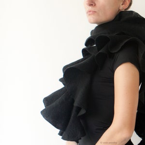 Black ruffle shawl, Elegant nuno felted statement scarf, Eco fashion for stylish gothic weddings, Woman woolen wrap for Halloween costume image 5