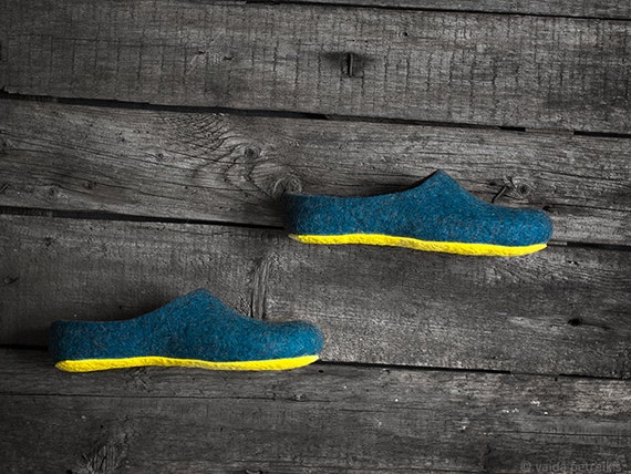 Women House Slippers in Teal Blue and Dark Grey With Sunny Yellow