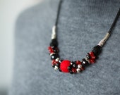 Red necklace for women Red and black statement jewelry ON SALE Carmen style felt glass leather Great anniversary gift for wife under 50 USD
