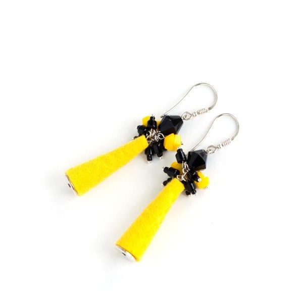 Yellow earrings Dangle earrings Neon bright bee earrings Sunny earrings with handmade felt in bright yellow and pure black Lemon earrings