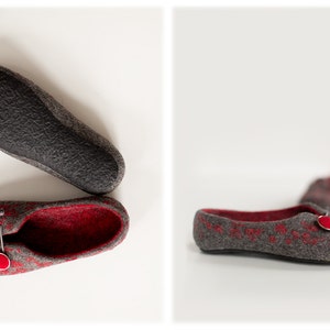 Women wool clogs, Felted slippers with soles, Dark gray red home shoes, Traditional felt wool house shoes, Handmade Mothers day gift image 3