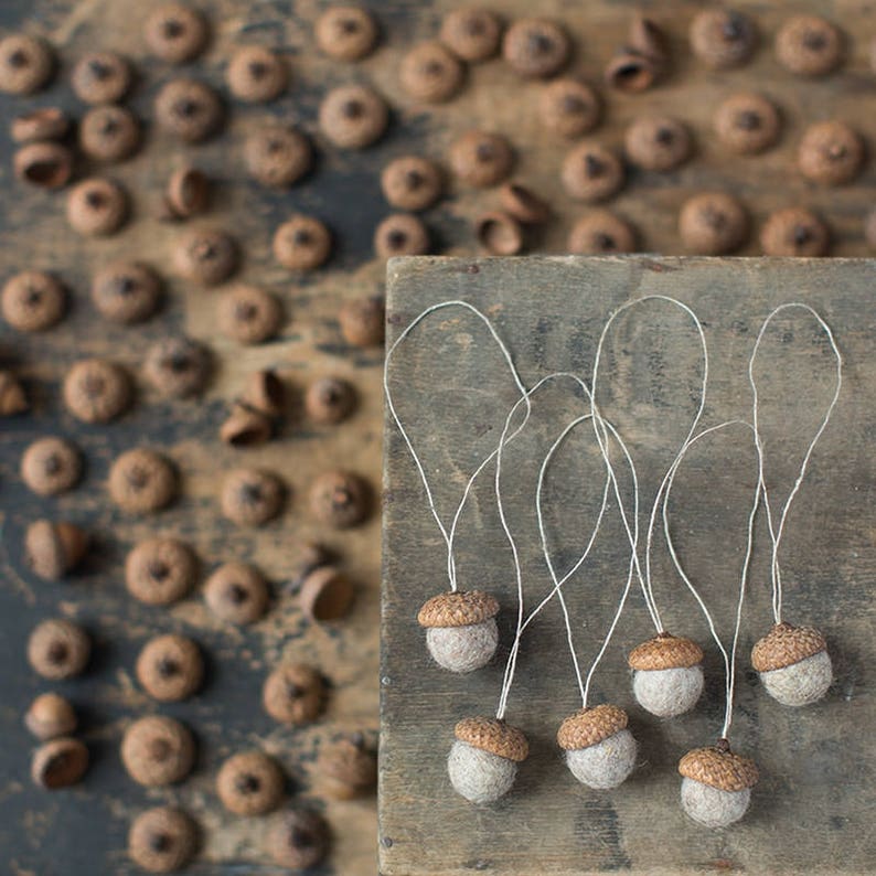 May include: A set of eight felt acorn ornaments with twine loops, displayed on a rustic wooden surface. The acorns are a light beige color and are arranged in a row.