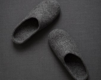 Men slippers with rubber soles, Felted organic wool house shoes, Dark gray clogs, Eco friendly gift for him homemade by Vaida Petreikis