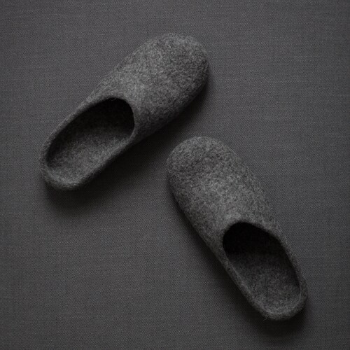 Men slippers with rubber soles, Felted organic wool house shoes, Dark gray clogs, Eco friendly gift for him homemade by Vaida Petreikis
