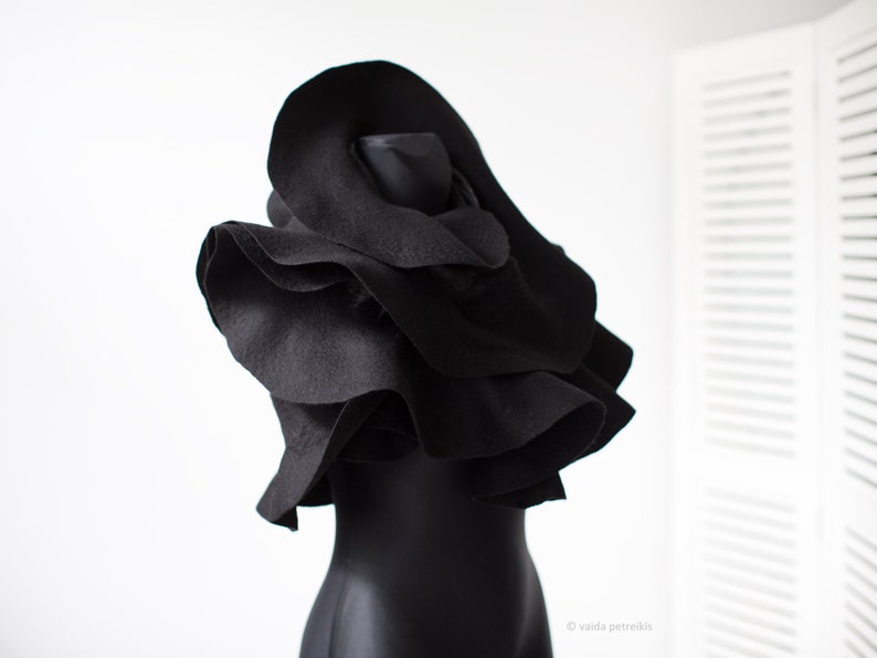 Black ruffle shawl, Elegant nuno felted statement scarf, Eco fashion for stylish gothic weddings, Woman woolen wrap for Halloween costume image 6