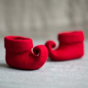 Christmas elf shoes for baby girls and boys, Woodland fairy booties for small kids in pure red or custom color image 3