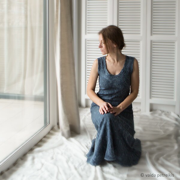 Blue grey dress Silk dress Merino wool dress Nuno felted silk and wool Romantic fashion Ready to ship maxi dress