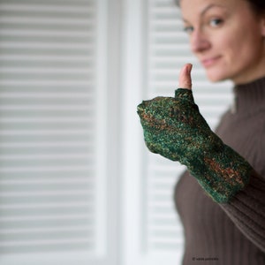 Felted fingerless gloves, Wool fingerless mittens, Felt arm warmers in dark emerald green with shiny multicolor rainbow surface image 2