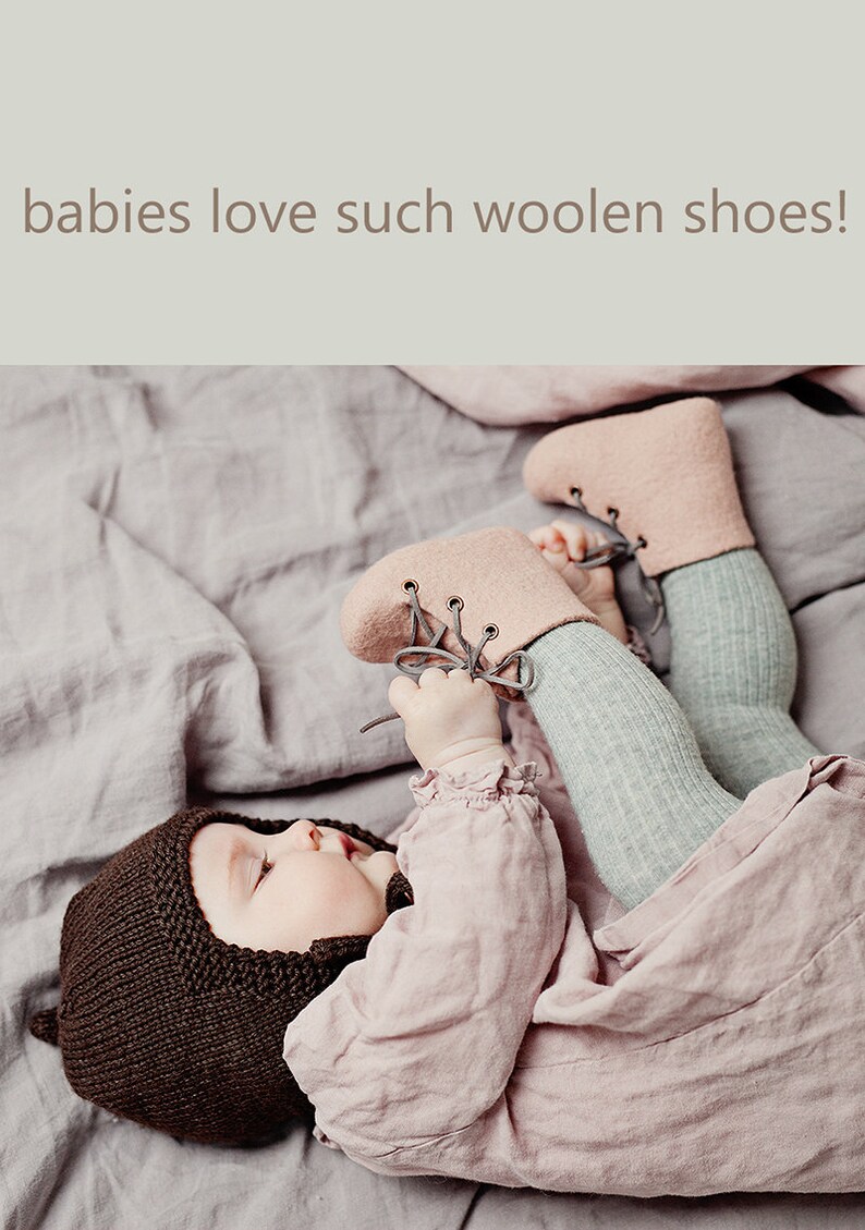 Newborn booties, Natural organic wool boots, Unisex eco friendly felted greyish brown shoes with vegan leather laces, Baby first shoes image 4